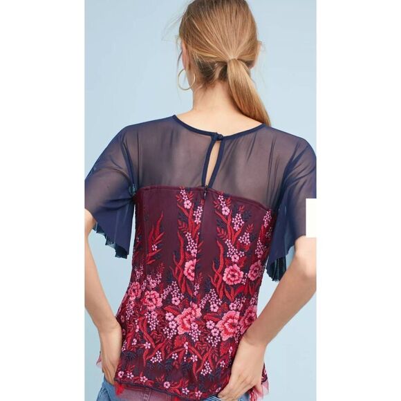 Eva Franco Navy/Red/Pink Floral Embroidered Mesh S/S Blouse, EUC, Sz. S - Picture 4 of 10